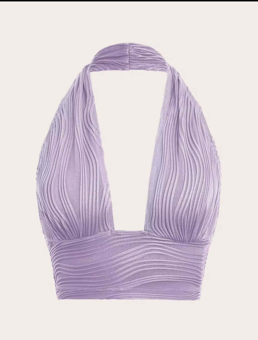 Textured Pleated Halter Crop Top in Lilac Purple